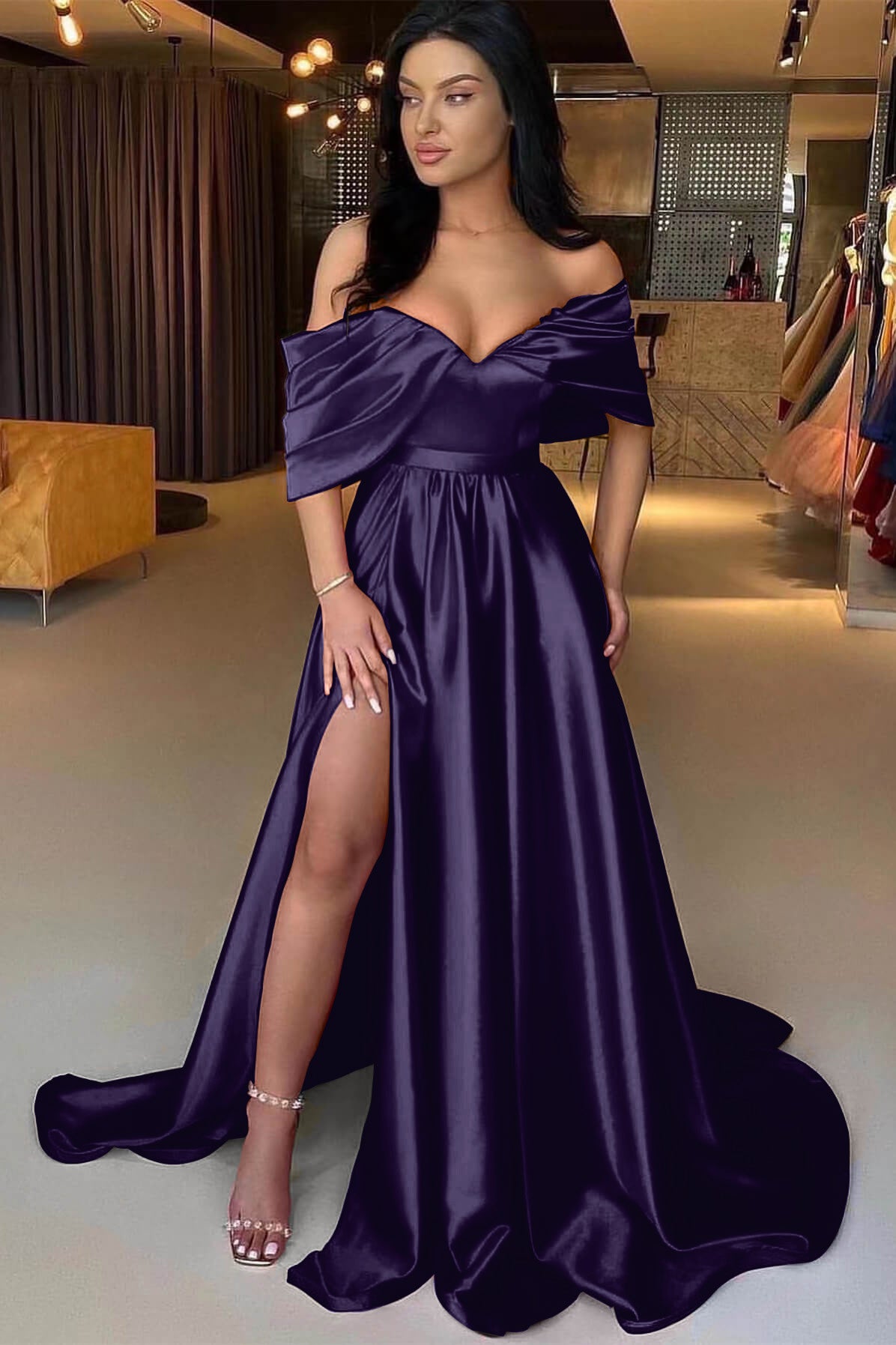 Charming Red A Line Off the Shoulder Strapless Long Prom Dress With Split BMBRIDE