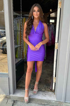 Simple Black Halter Backless Tight Short Satin Homecoming Dress Bmbride