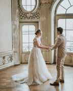 Boho Long A-line Tulle Wedding Dress With Lace Appliques BM bride