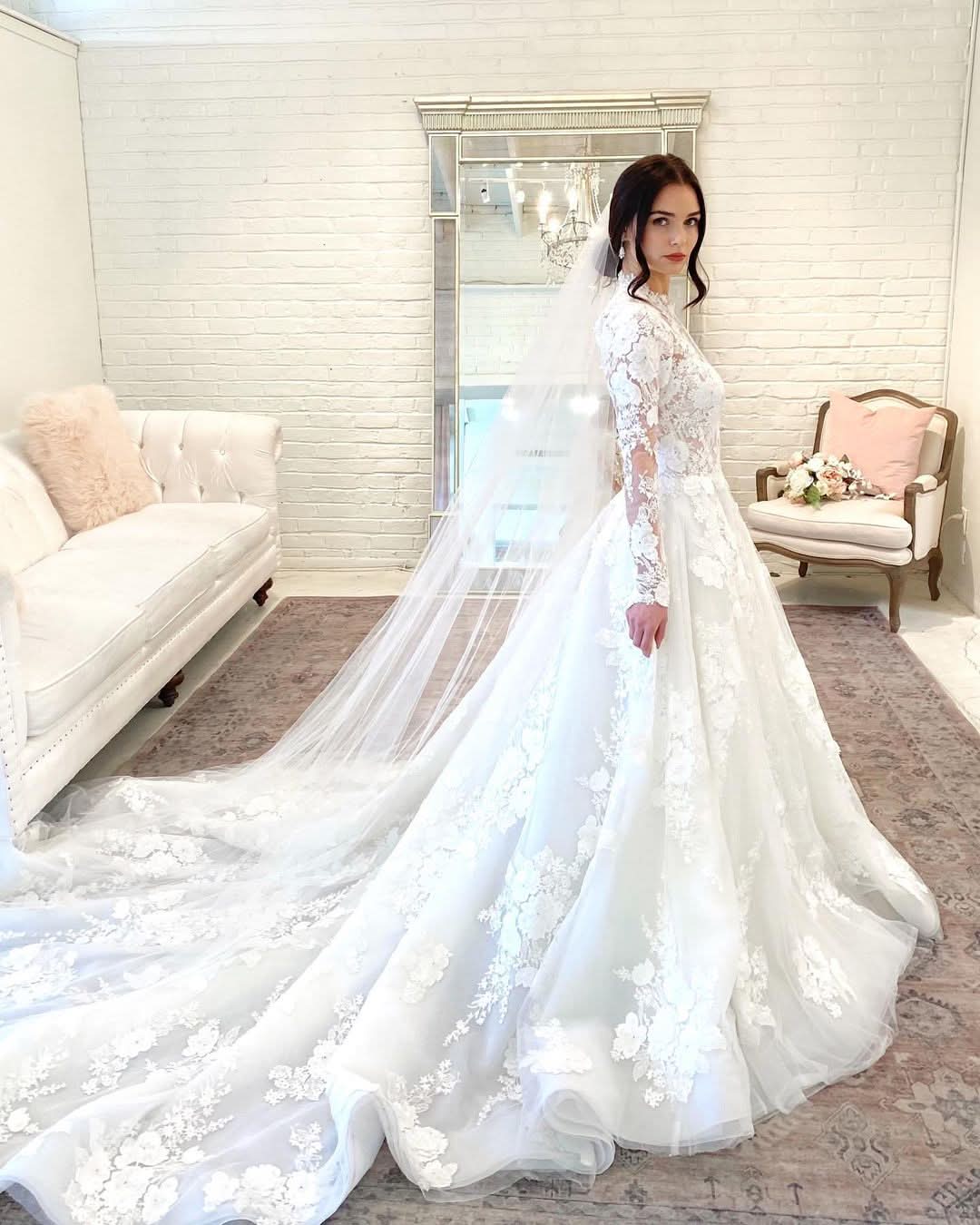 Long A-Line High Neck Open Back Wedding Dress with Lace Sleeves BM bride