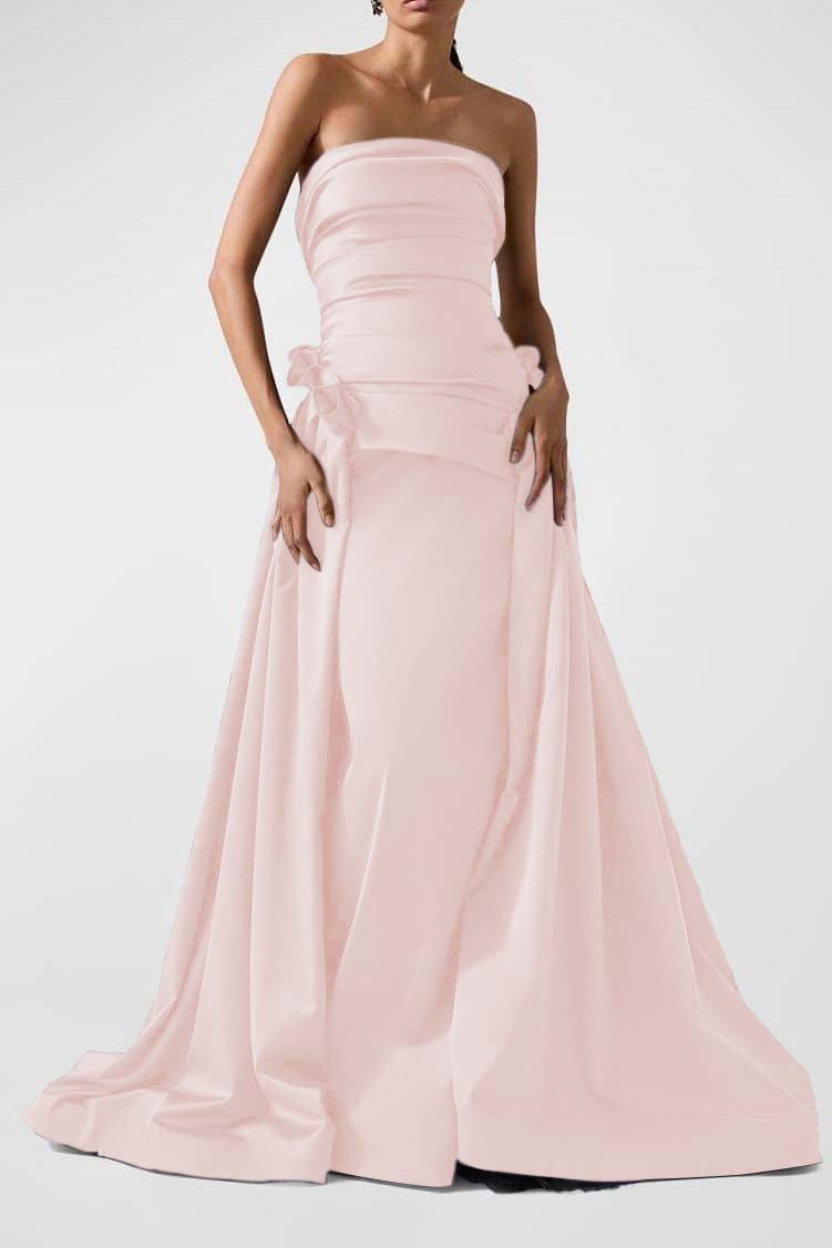 Strapless Backless Sleeveless Long A Line Prom Dress With Pleated BMBRIDE