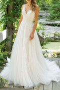 Sleeveless Tulle Lace Beach Wedding Dress BM bride