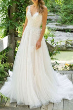 Sleeveless Tulle Lace Beach Wedding Dress BM bride