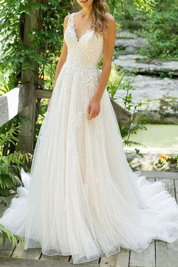 Sleeveless Tulle Lace Beach Wedding Dress BM bride