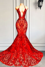 Red Halter Mermaid Prom Dress with Sequins and Lace BM bride