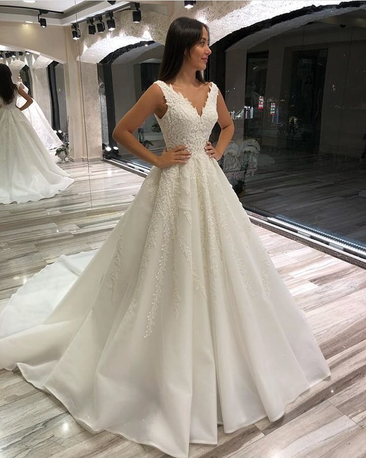 A-Line V-Neck Sleeveless Long Wedding Dress with Lace BM bride