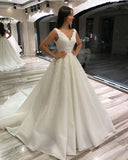 A-Line V-Neck Sleeveless Long Wedding Dress with Lace BM bride