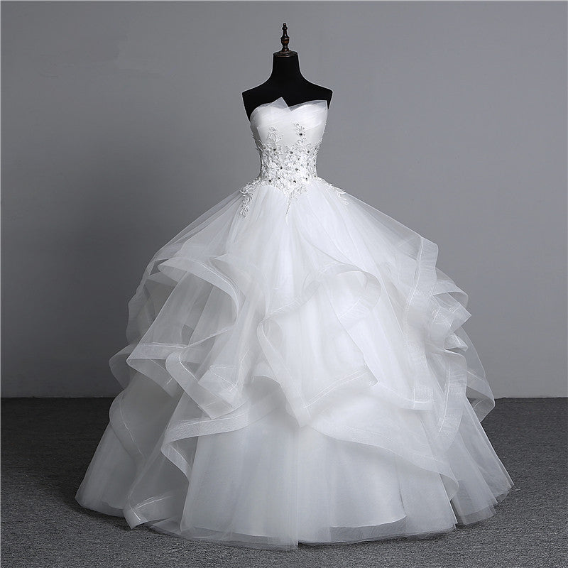 Long Ball Gown Strapless Tulle Layered Wedding Dress with Beaded Appliques BM bride