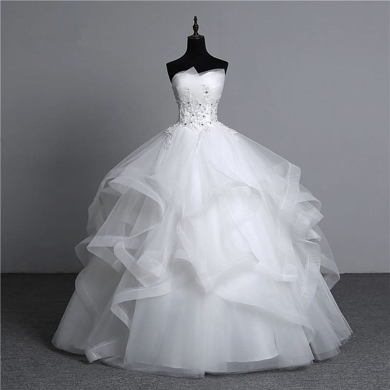 Long Ball Gown Strapless Tulle Layered Wedding Dress with Beaded Appliques BM bride
