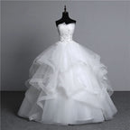 Long Ball Gown Strapless Tulle Layered Wedding Dress with Beaded Appliques BM bride
