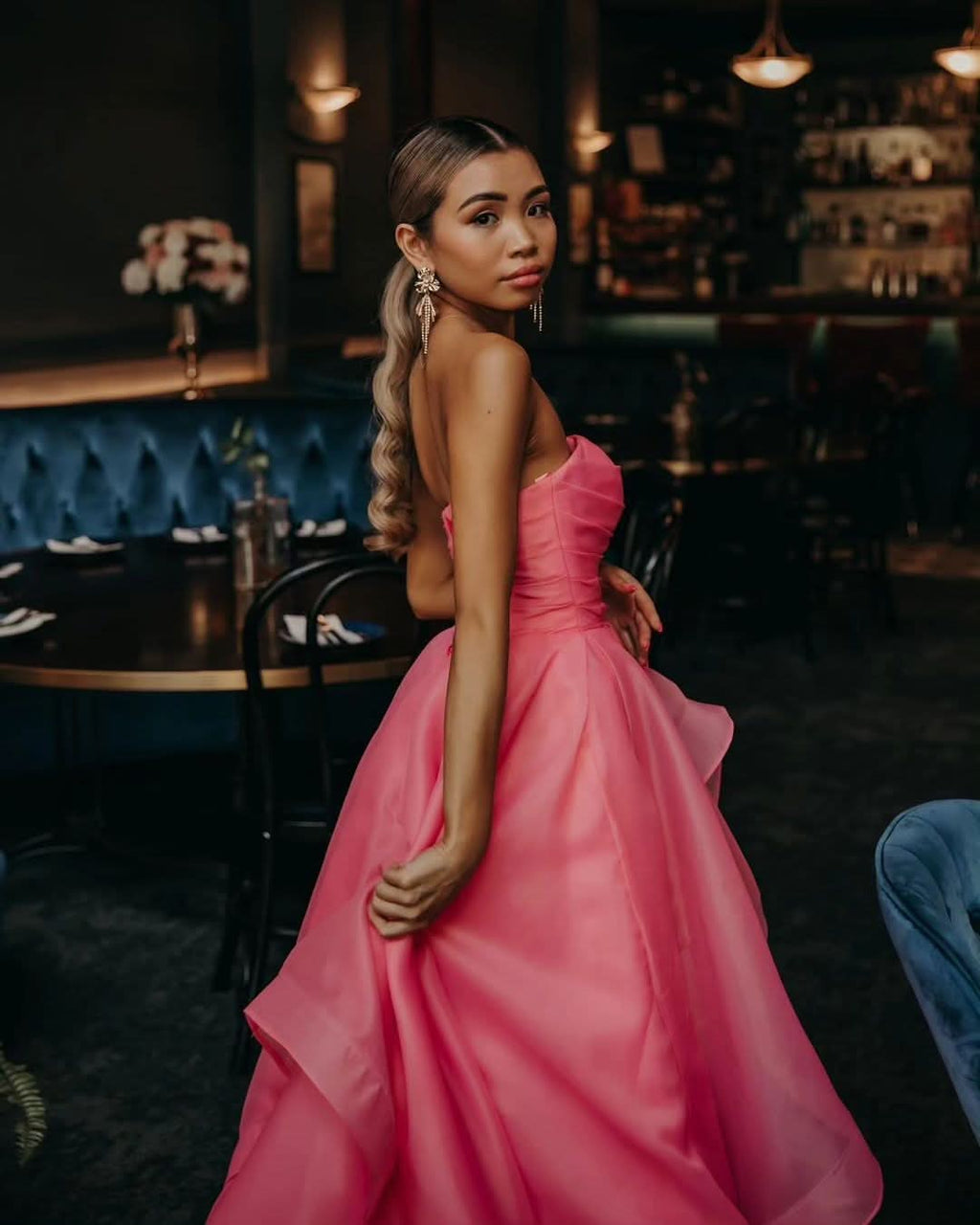 Beautiful Light Pink A-Line Strapless Organza Prom Dress BM bride