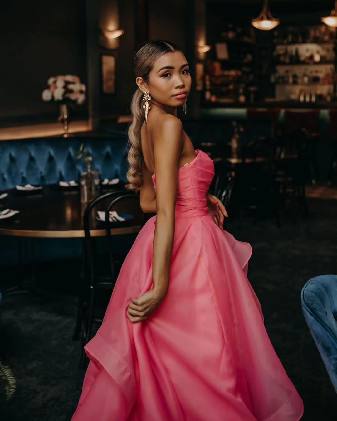 Beautiful Light Pink A-Line Strapless Organza Prom Dress BM bride