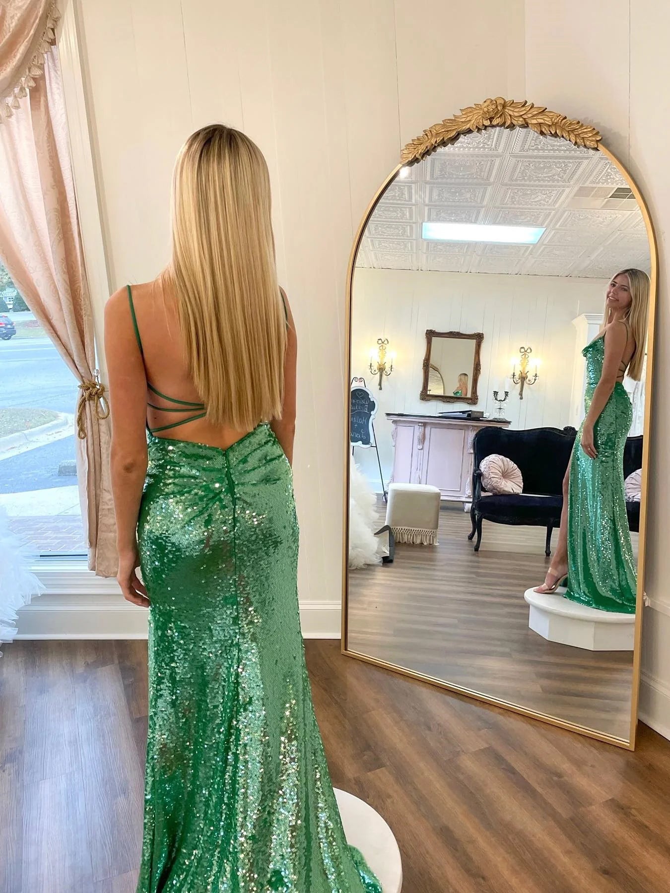 Chic Sage Sequins Evening Dress with Spaghetti Straps BM bride