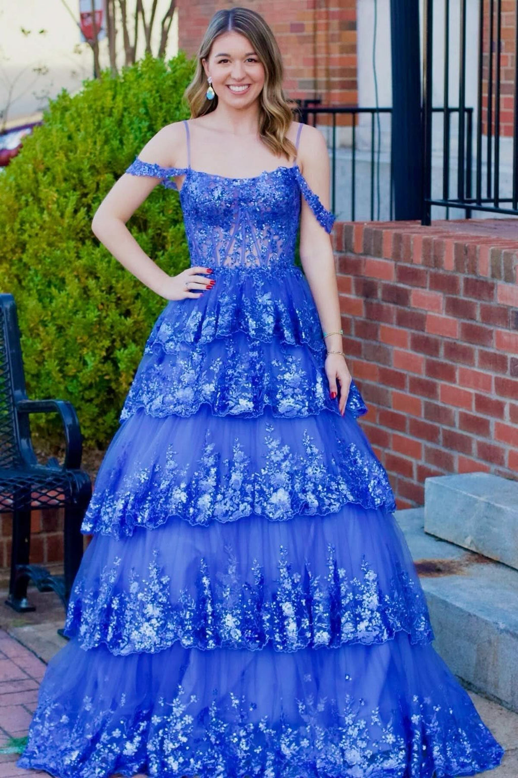 Playful Tulle Sequin Cold-Shoulder Ruffle Tiered Long Prom Dress BM bride