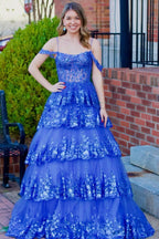 Playful Tulle Sequin Cold-Shoulder Ruffle Tiered Long Prom Dress BM bride