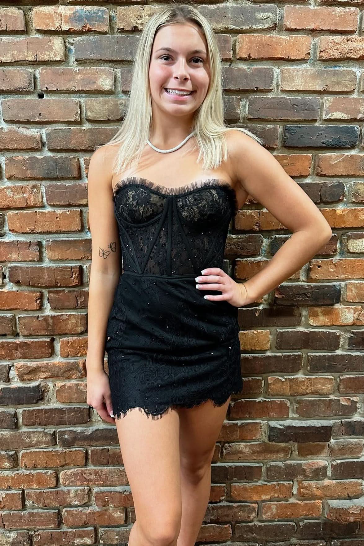 Sophisticated Black Strapless Eyelash Lace Short Dress BM bride