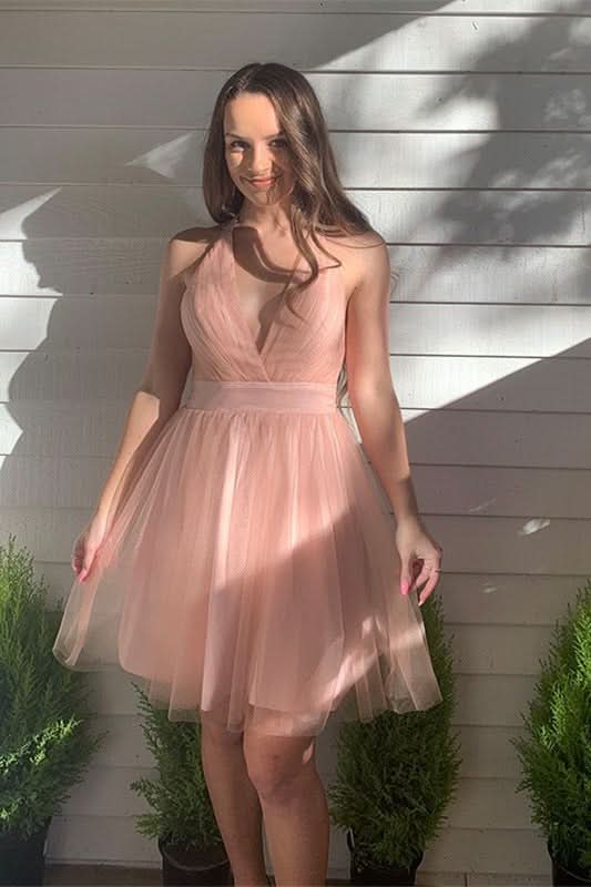Winifred |A-line Blush Deep V-Neck Tulle Homecoming Dress BM bride