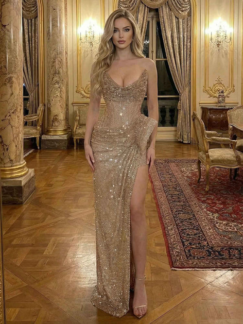 Champagne Gold Crystal-Embellished Corset Long Prom Dress with Slit BMBRIDE
