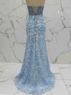 Blue Strapless Pearl Beaded Ruched Long Corset Prom Dress