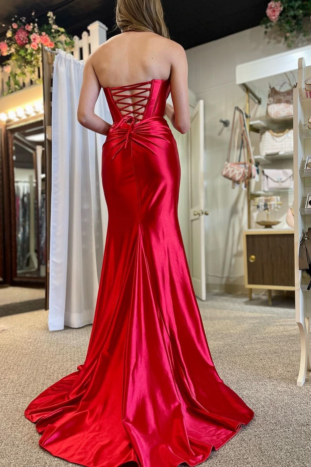 Stunning Red Strapless Twist-Front Mermaid Long Dress with Slit BM bride