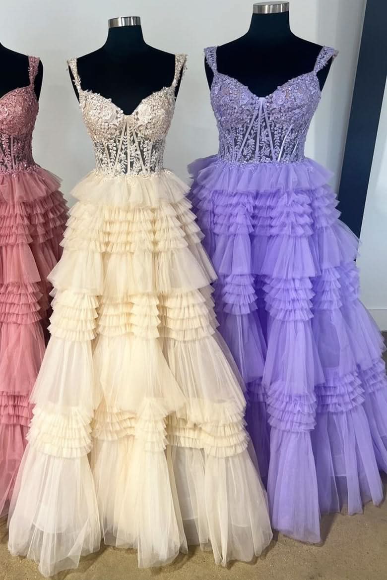 Elegant Red Tulle Off-the-Shoulder Ruffle Tiered Long Prom Dress BM bride