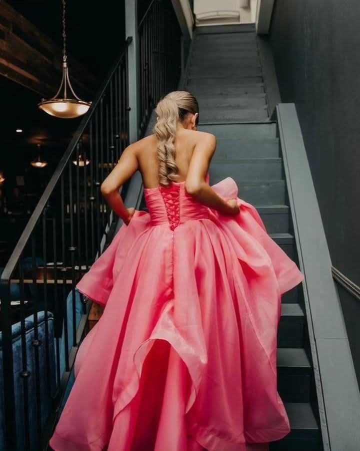 Beautiful Light Pink A-Line Strapless Organza Prom Dress BM bride
