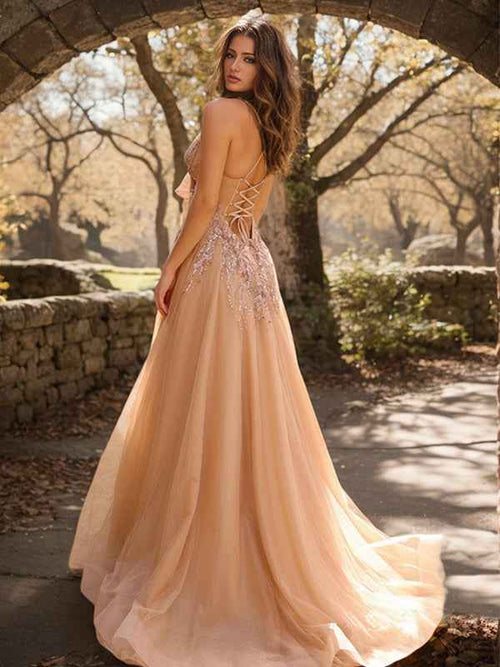 Gold A Line Spaghetti Straps Long Appliqued Prom Dress With Slit BMBRIDE