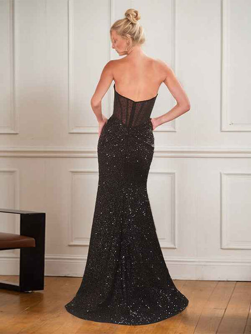Black Sheath Sweetheart Long Corset Prom Dress With Slit BMBRIDE
