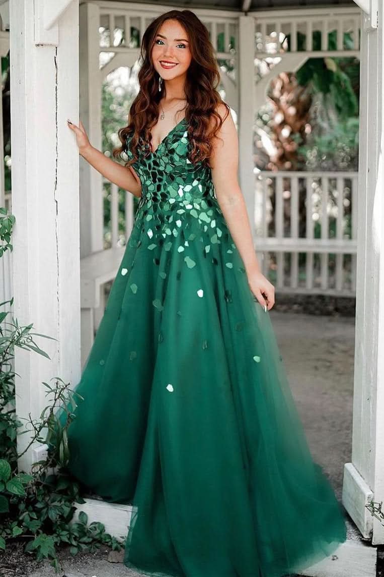 Stunning A-Line Green V-Neck Sequins Long Prom Dress BM bride