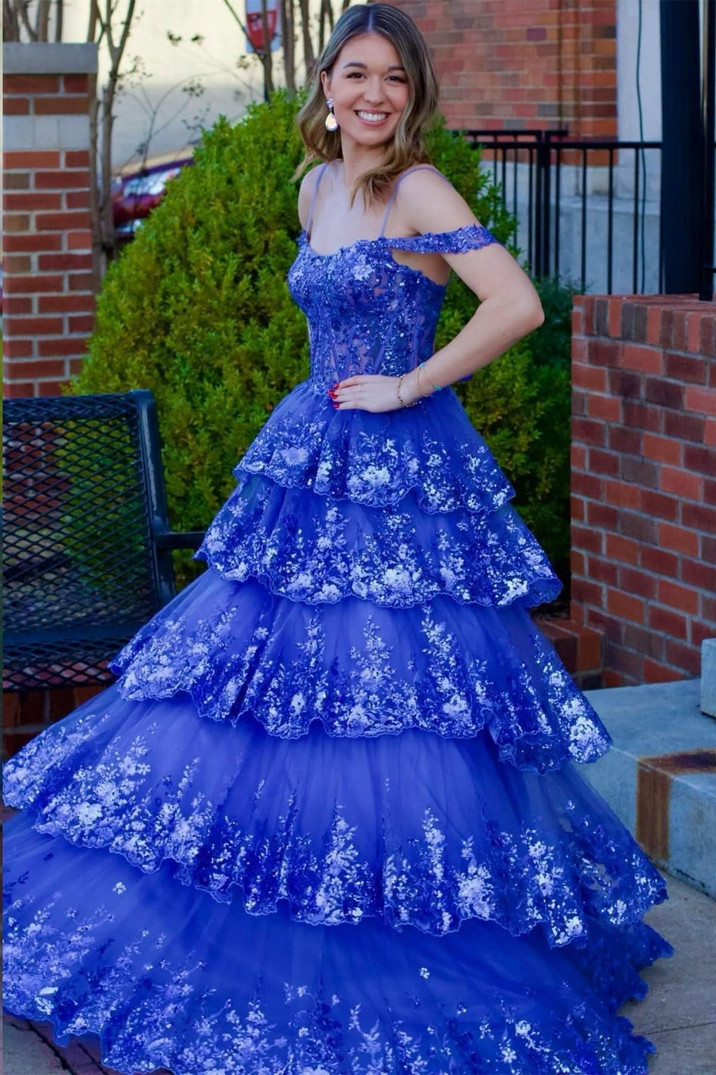 Playful Tulle Sequin Cold-Shoulder Ruffle Tiered Long Prom Dress BM bride