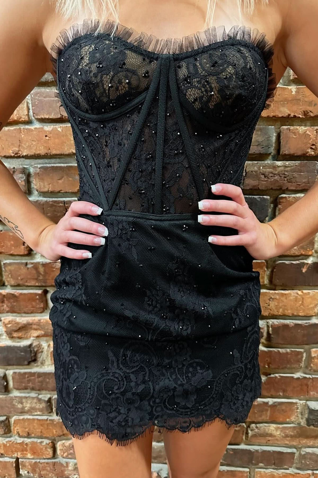 Sophisticated Black Strapless Eyelash Lace Short Dress BM bride