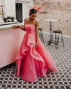 Beautiful Light Pink A-Line Strapless Organza Prom Dress BM bride