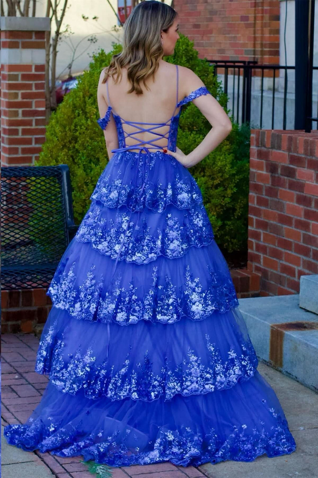 Playful Tulle Sequin Cold-Shoulder Ruffle Tiered Long Prom Dress BM bride