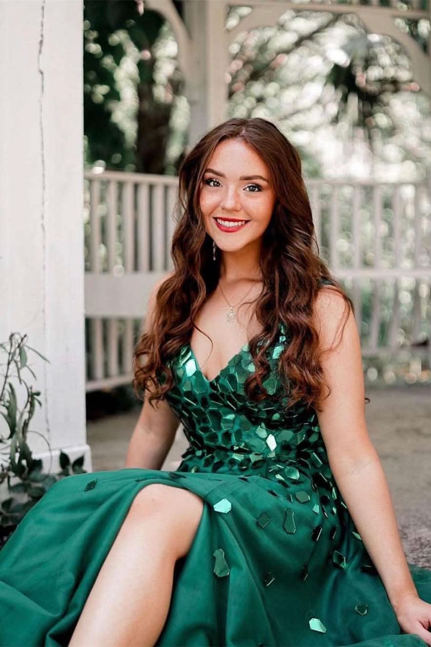 Stunning A-Line Green V-Neck Sequins Long Prom Dress BM bride