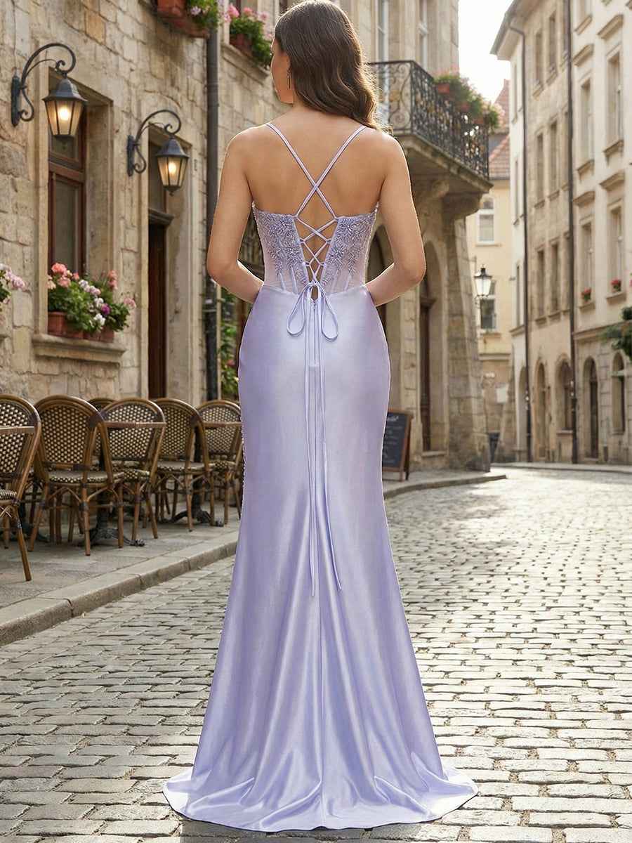 Lilac Lace Appliqu¡§| Satin Corset Prom Dress with Slit