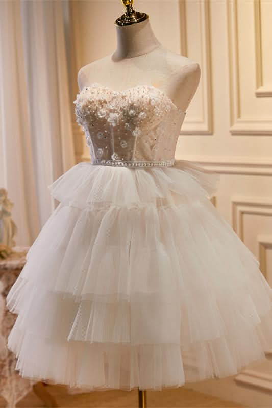 Enchanting White Tulle 3D Floral Lace A-Line Tiered Homecoming Dress BM bride