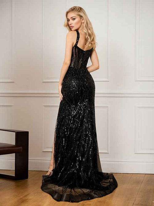 Black Sheath Spaghetti Straps Long Corset Prom Dress With Slit BMBRIDE