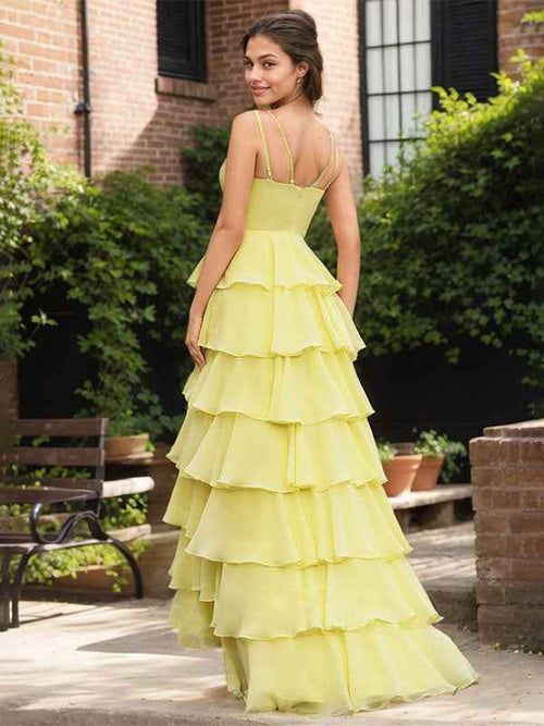 Yellow A Line V-Neck Ruffled Tiered Chiffon Prom Dress with Slit BMBRIDE