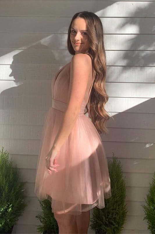 Winifred |A-line Blush Deep V-Neck Tulle Homecoming Dress BM bride