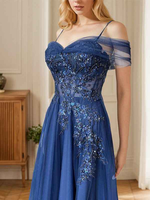 Dark Blue A Line Spaghetti Straps Long Prom Dress With Appliques BMBRIDE