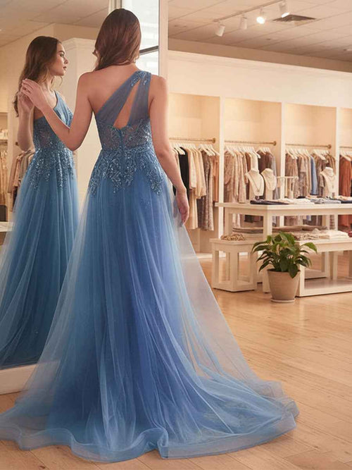 Blue A Line One Shoulder Long Corset Prom Dress With Slit BMBRIDE