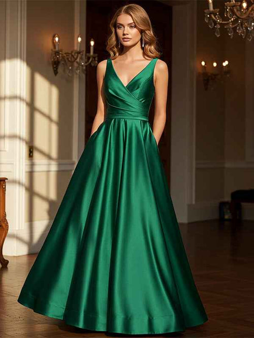 Dark Green Sheath/Column V-Neck Floor-Length Satin Prom Dress BMBRIDE