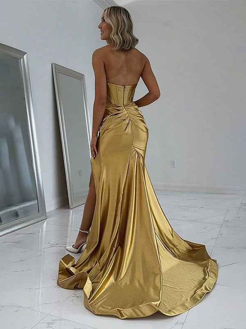 Simple Golden Mermaid Corset Strapless Long Prom Dress with Slit BMBRIDE