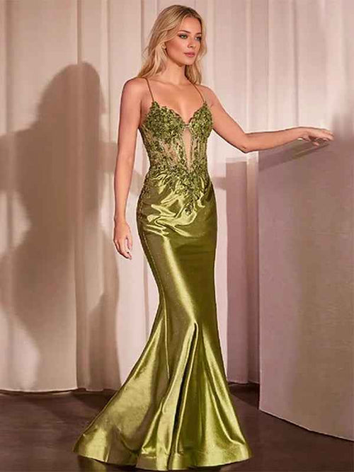 Sage Mermaid Spaghetti Straps Long Prom Dress With Appliques BMBRIDE