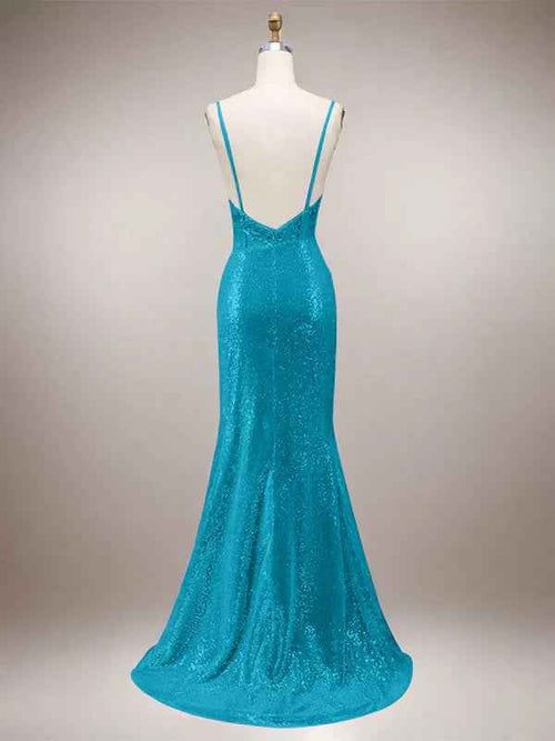 Green Mermaid Sparkly Spaghetti Straps Corset Long Prom Dress with Slit BMBRIDE