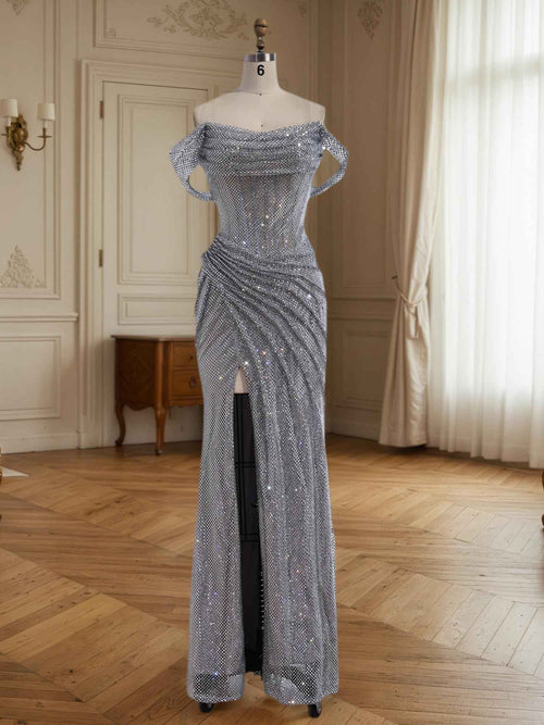 Sparkly Off-the-Shoulder Mesh Ruched Bodice Long Prom Dress with High Slit BMBRIDE
