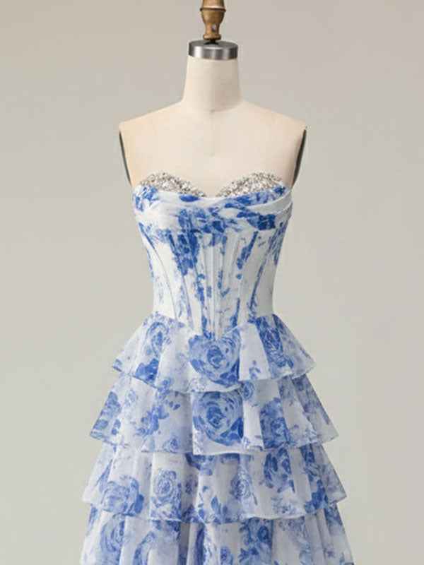 Blue Flower A Line Sweetheart Sequins Tiered Corset Long Prom Dress with Slit