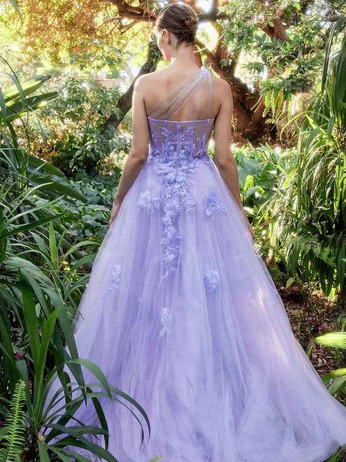 Purple A Line One Shoulder Long Appliqued Prom Dress With Slit BMBRIDE