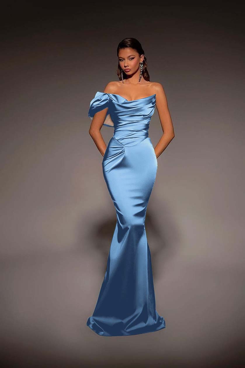 One Shoulder Strapless Long Mermaid Prom Dress With Pleated BMBRIDE