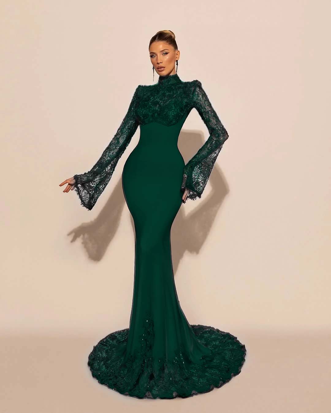 High Neck Lace Long Sleeves Long Mermaid Prom Dress With Pleated BMBRIDE